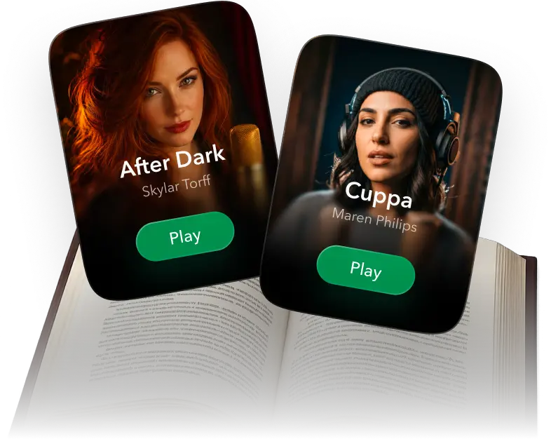 Two Peech listening styles, After Dark and Cuppa, shown over an open book